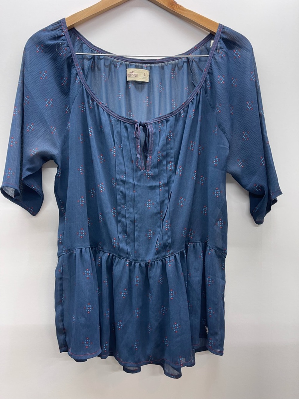 Hollister Slate Blue Peasant Tunic with Pink Dot Print vintage Y2K